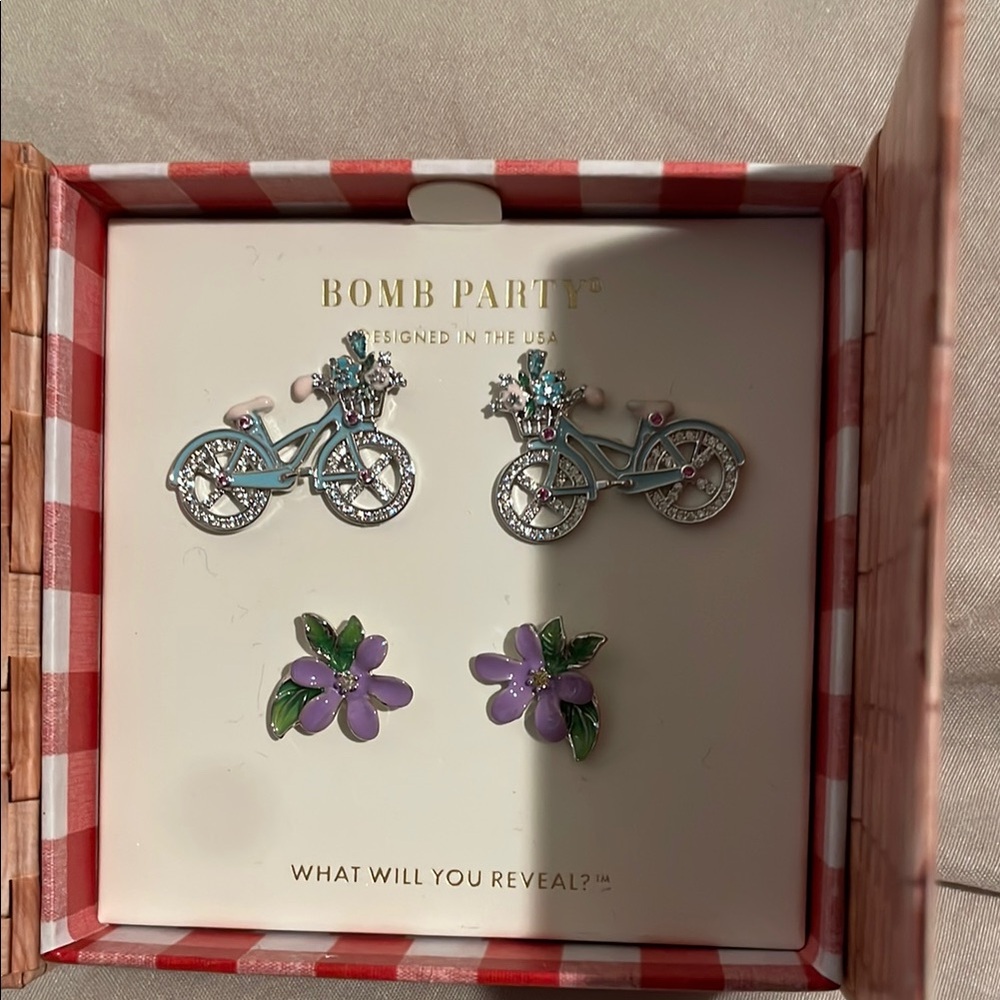 Bicycle and Flower Earrings - Blue and Purple